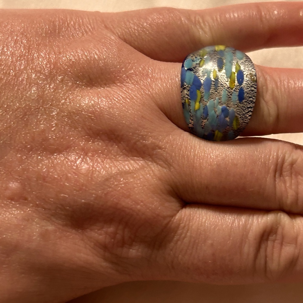 Beautifully Made Multi Colored Dome Hand Blown Glass Ring Size 8 Shades Of Blue
